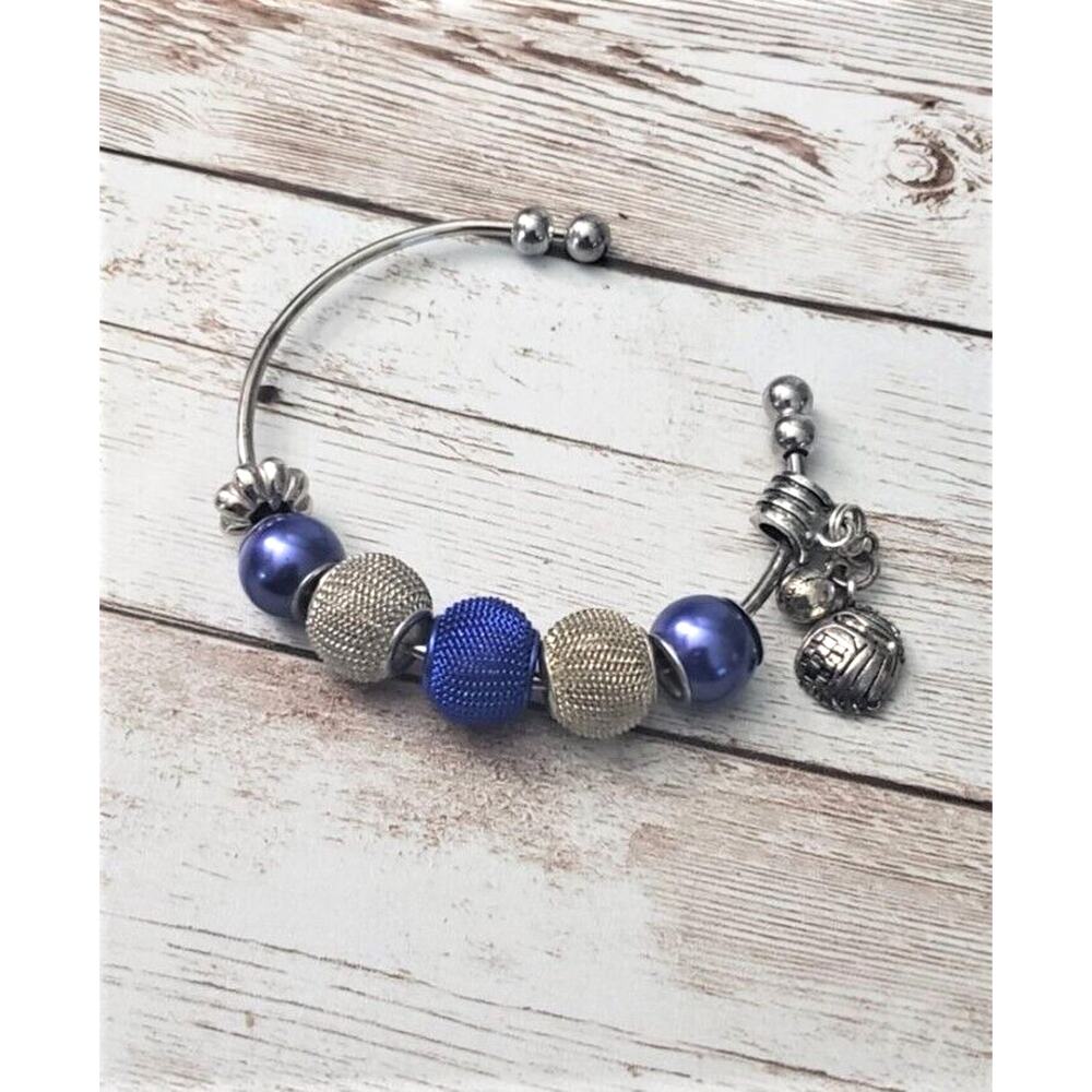 Blue & Silver Tone Baseball Charm Bracelet / Bangle